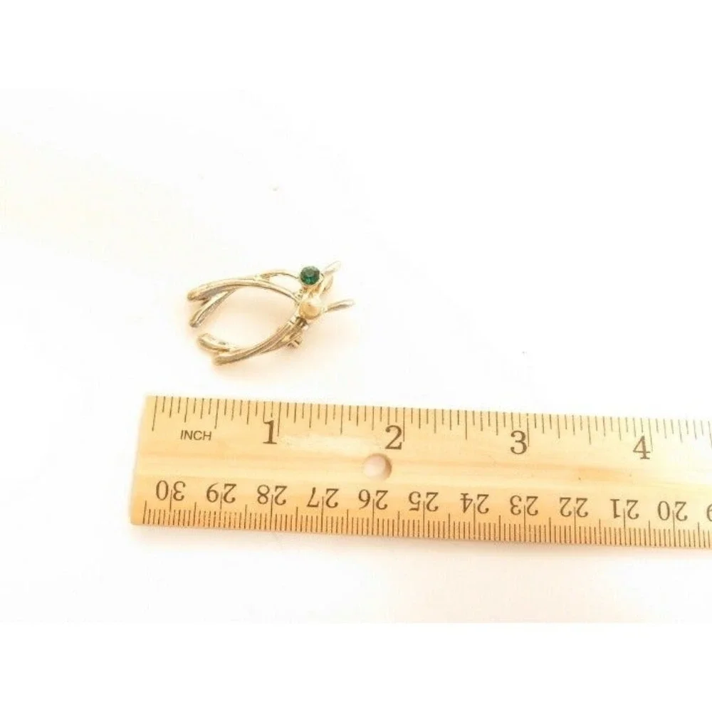Vintage Small‎ Green Rhinestone Faux Pearl Gold Tone Wishbone Pin Brooch